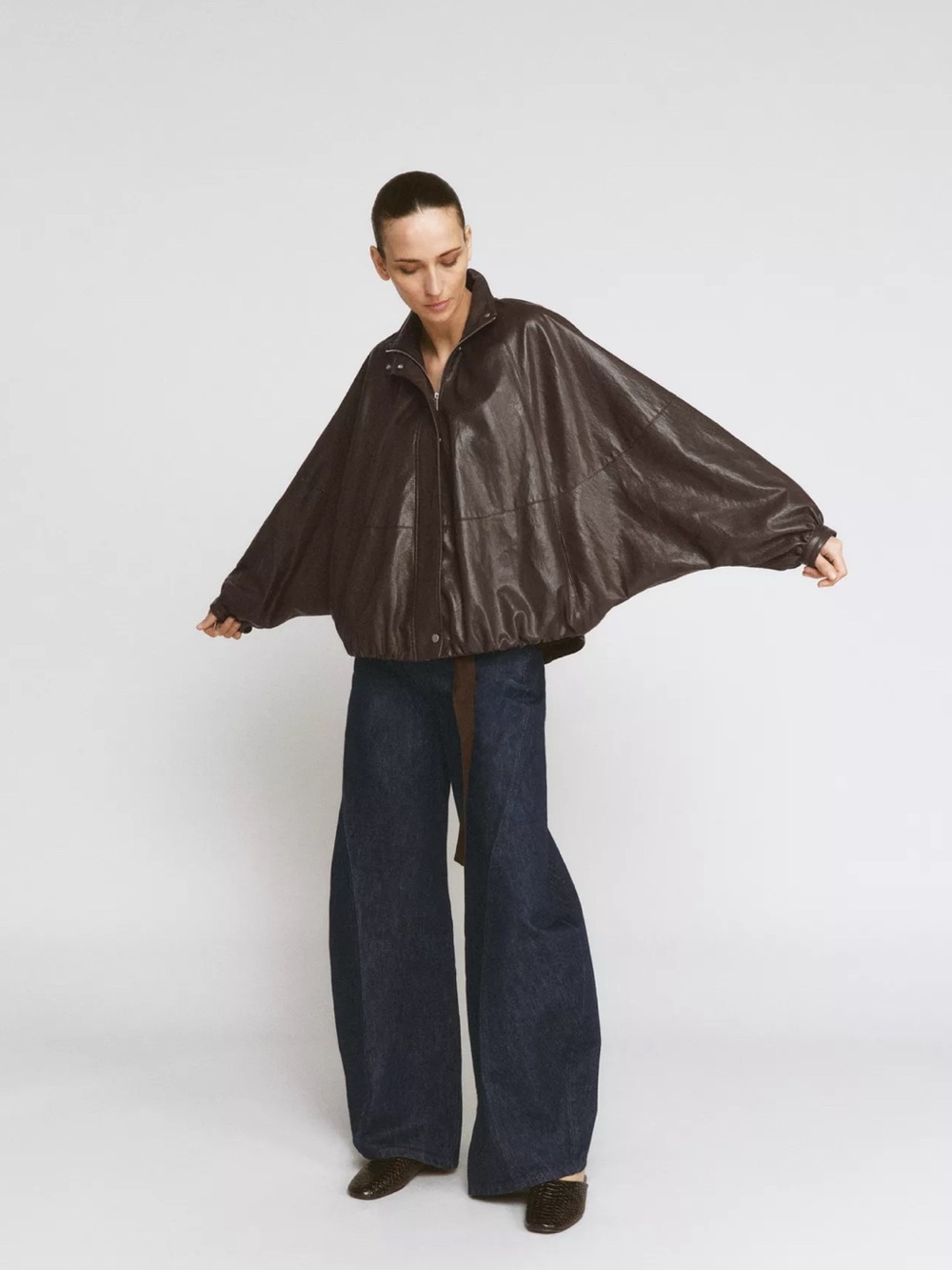 Zara Dark Brown Shiny Bomber Jacket - Picture 2 of 6